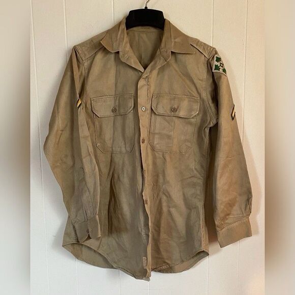 Vintage WW2 Army Military Shirt Men’s 15 X 32 Beige Twill Patches * Read* - Picture 1 of 4